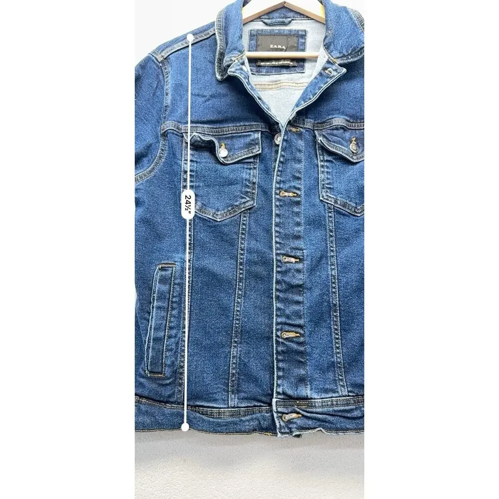 Zara Man Denim Jacket Mens Large Dark Wash Stretch Trucker Button Front Blue